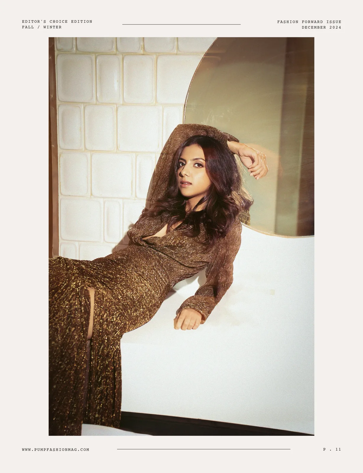 PUMP Magazine December 2024 single page, model seated in a bathtub, photographed by Shreyak Singh