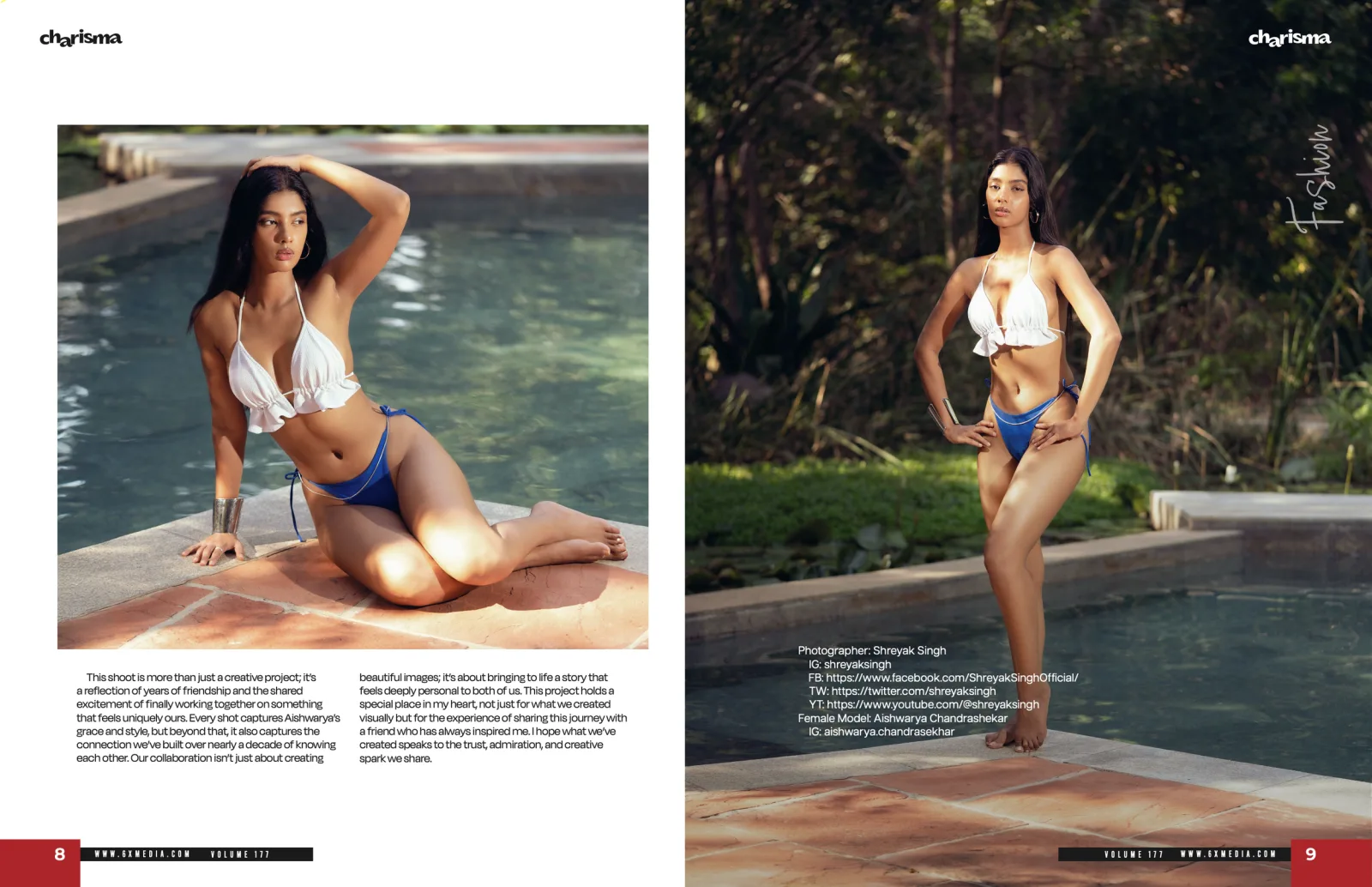 Charisma Magazine "Tropical Temptation" opening spread by the pool, photographed by Shreyak Singh
