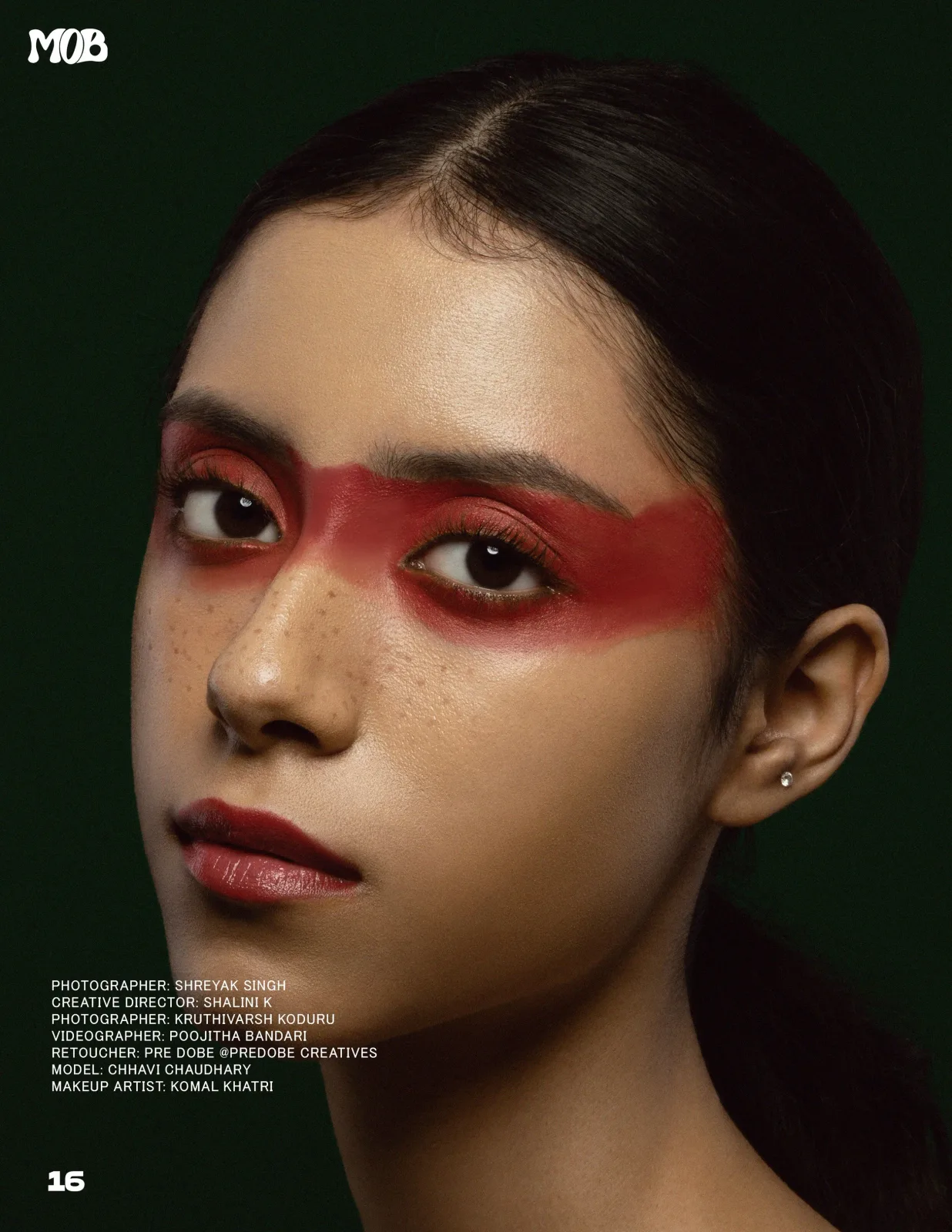 MOB Magazine "Soleil Écarlate" beauty portrait with warm red tones, photographed by Shreyak Singh