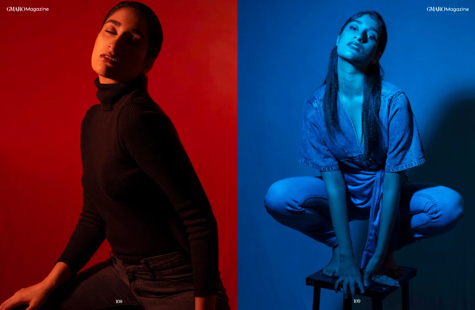 GMARO Magazine editorial spread lit in blue, photographed by Shreyak Singh