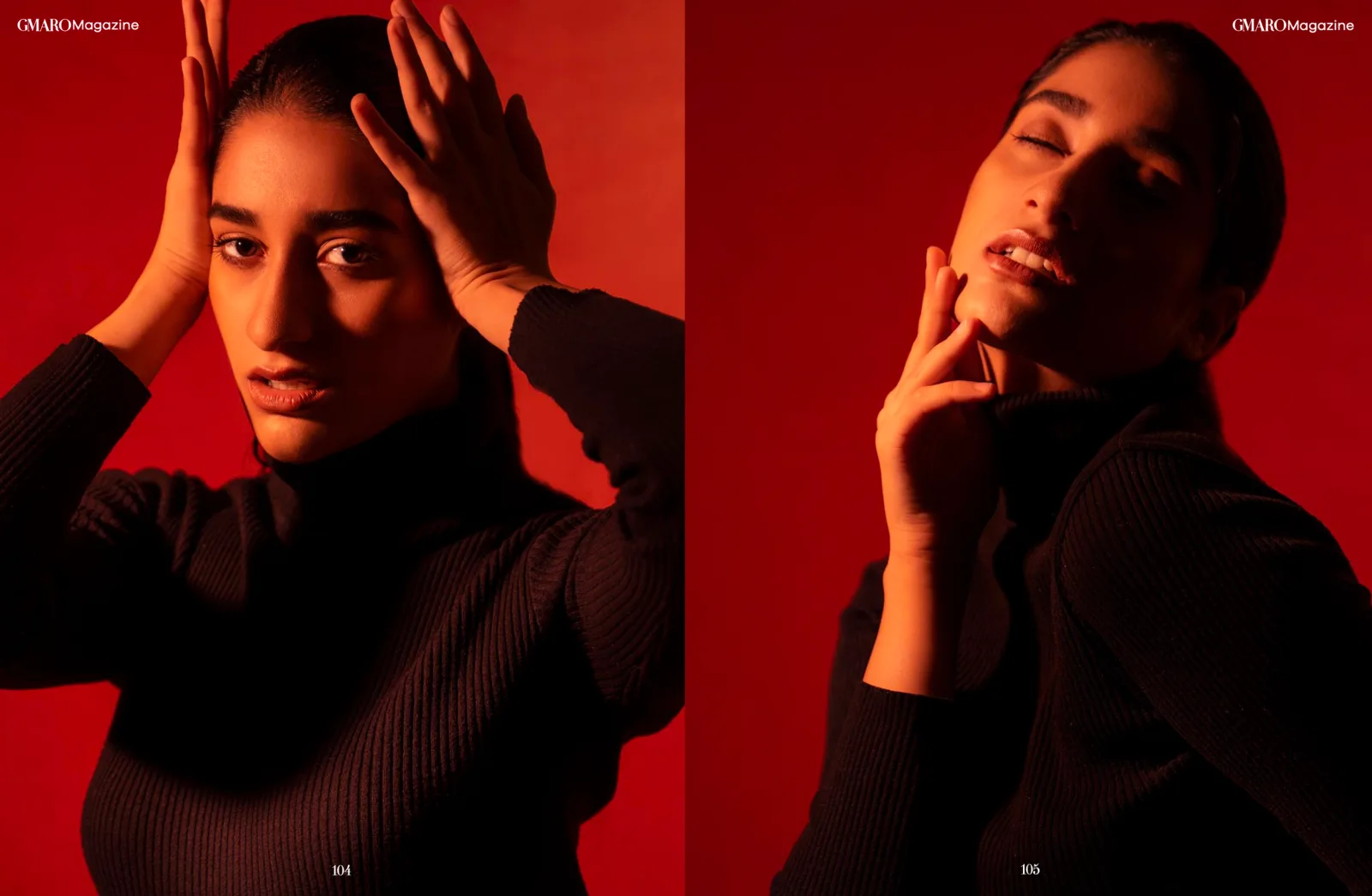 GMARO Magazine editorial spread, red and blue duotone portraits, photographed by Shreyak Singh